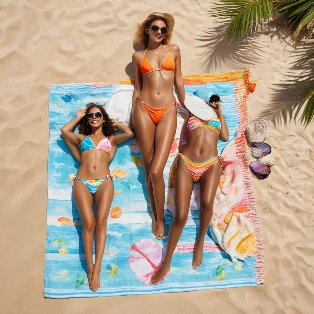 A sunny beach scene featuring diverse models showcasing the latest thong bikini trends in vibrant colors, surrounded by tropical palm trees and golden sand. Elements like beach towels, sunglasses, and seashells add a playful touch, while waves crash in the background creating a refreshing atmosphere. The image should evoke a warm, summer vibe welcoming beachgoers. super-realistic. vibrant colors. beach theme. daylight.